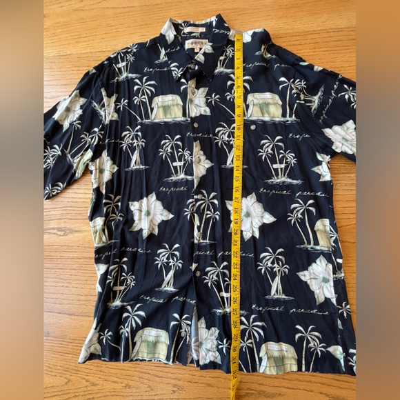Vtg Campia Moda Hawaiian Camp Shirt Black Tropic Palm Trees Surfboard Tiki Hut L - Picture 3 of 6